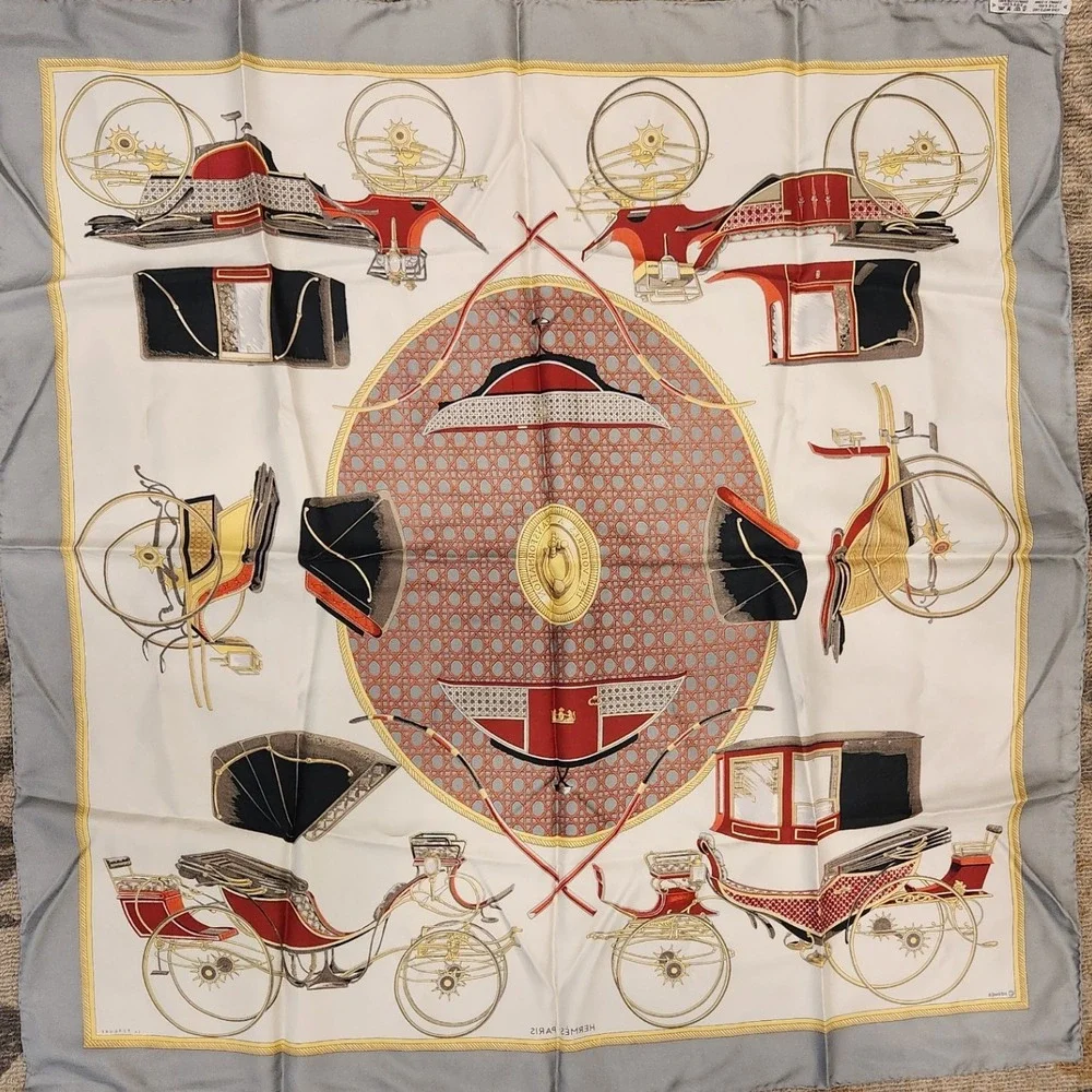 Hermès Les Voitures 100% Silk Scarf Carriage Print Gray Red w/ Box‎ France